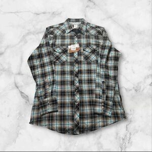 wrangler wrancher shirt men’s XL black blue Plaid pearl snap long sleeve NEW